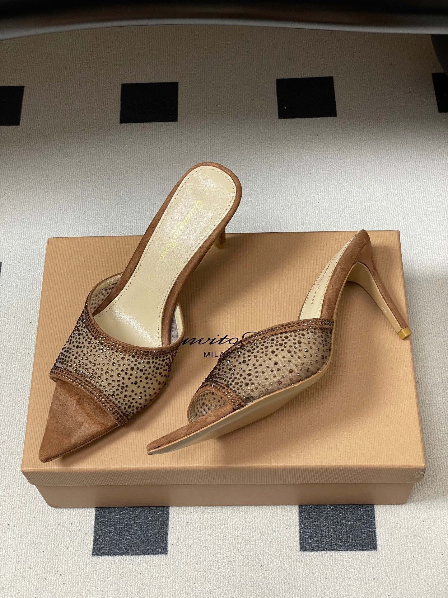 GIANVITO ROSSI 26S HIGH HEELS 85 MM IN BROWN SUEDE WITH RHINESTONE STRAP