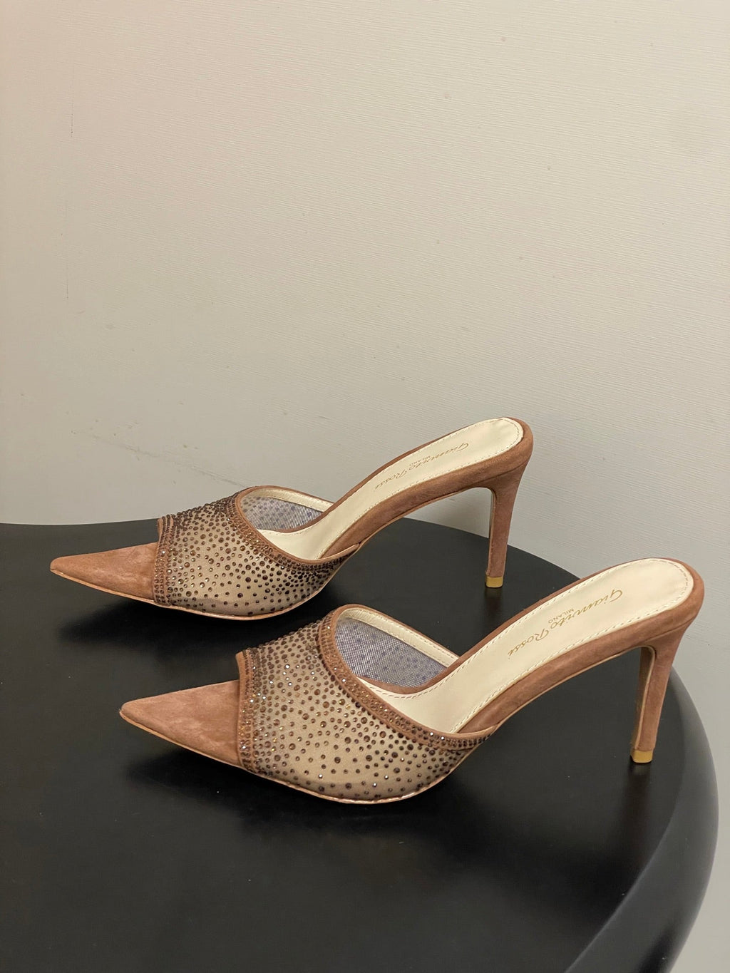 GIANVITO ROSSI 26S HIGH HEELS 85 MM IN BROWN SUEDE WITH RHINESTONE STRAP