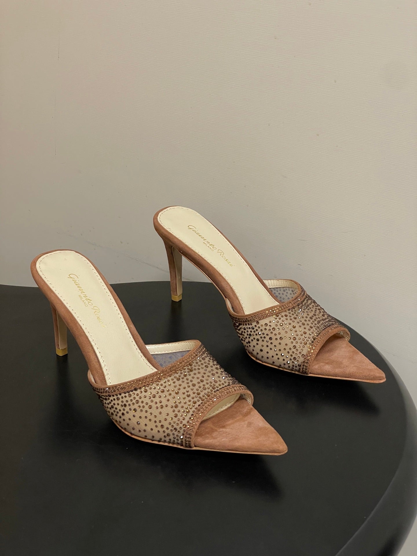 GIANVITO ROSSI 26S HIGH HEELS 85 MM IN BROWN SUEDE WITH RHINESTONE STRAP
