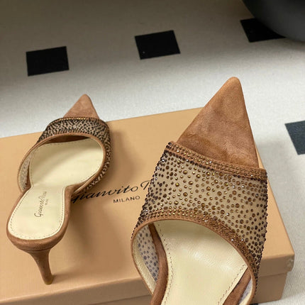 GIANVITO ROSSI 26S HIGH HEELS 85 MM IN BROWN SUEDE WITH RHINESTONE STRAP