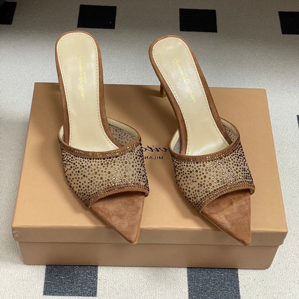 GIANVITO ROSSI 26S HIGH HEELS 85 MM IN BROWN SUEDE WITH RHINESTONE STRAP