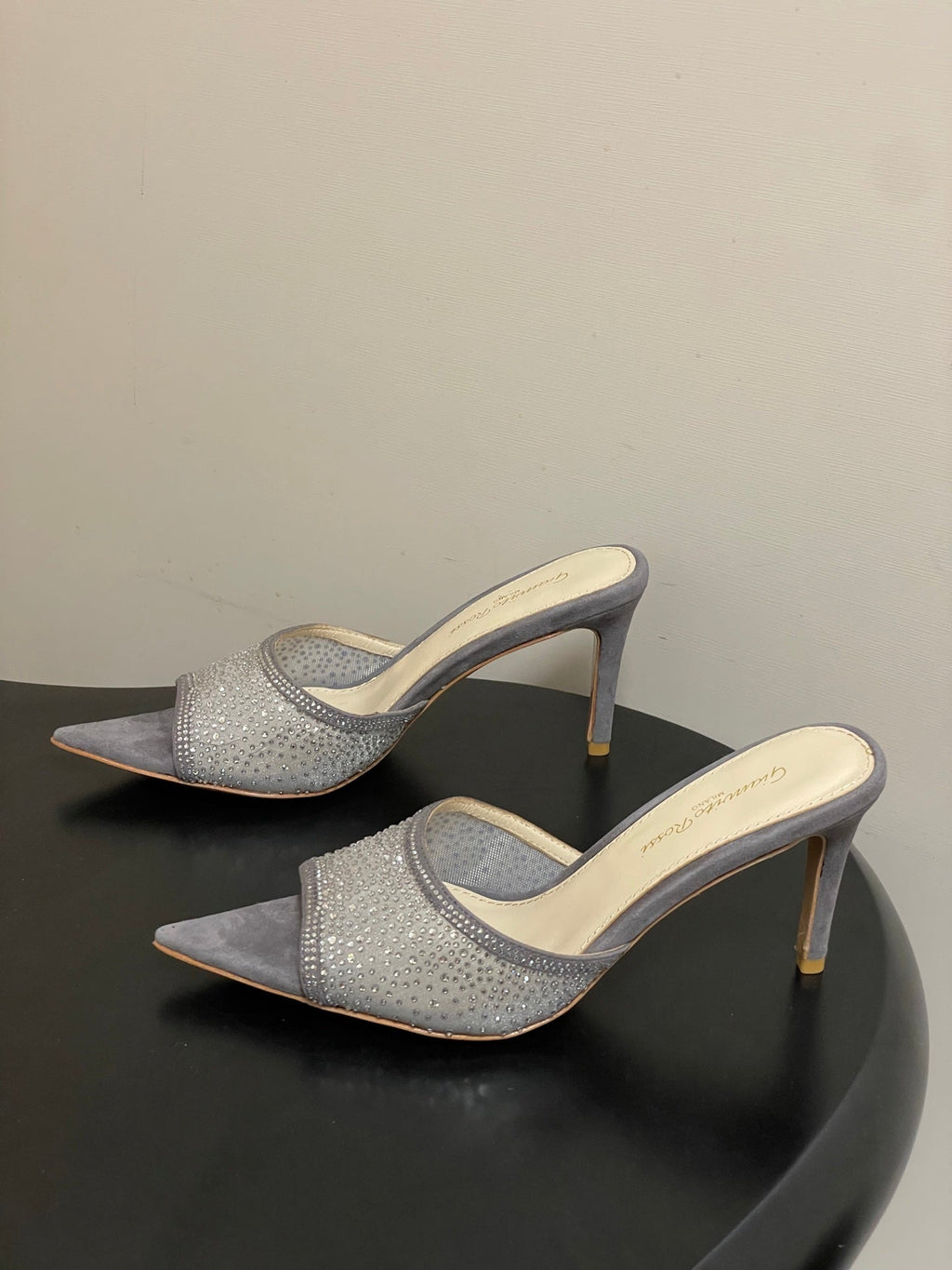 GIANVITO ROSSI 26S HIGH HEELS 85 MM IN GREY SUEDE WITH RHINESTONE STRAP