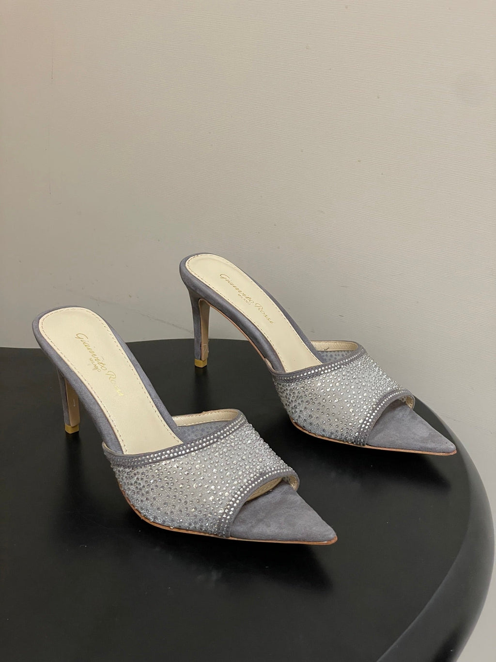 GIANVITO ROSSI 26S HIGH HEELS 85 MM IN GREY SUEDE WITH RHINESTONE STRAP