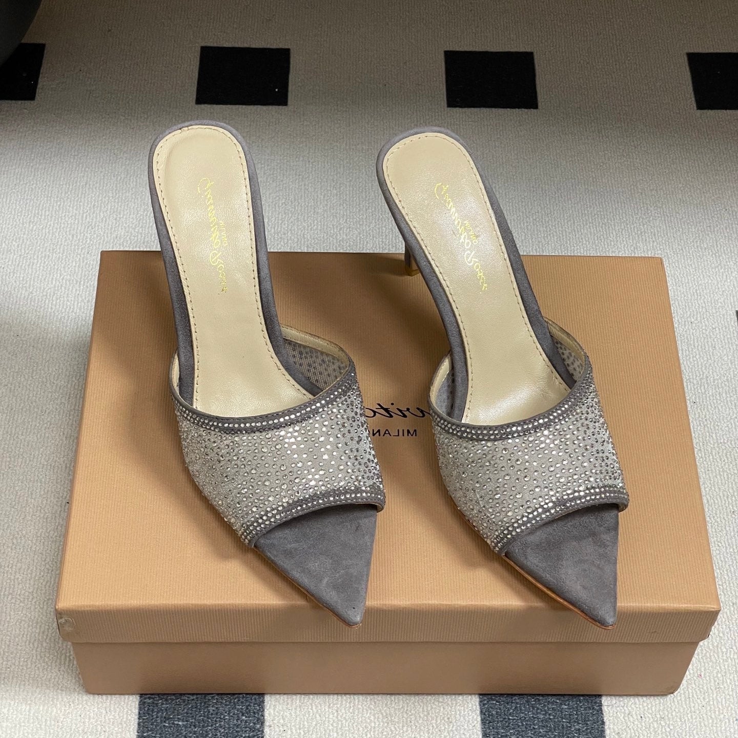 GIANVITO ROSSI 26S HIGH HEELS 85 MM IN GREY SUEDE WITH RHINESTONE STRAP