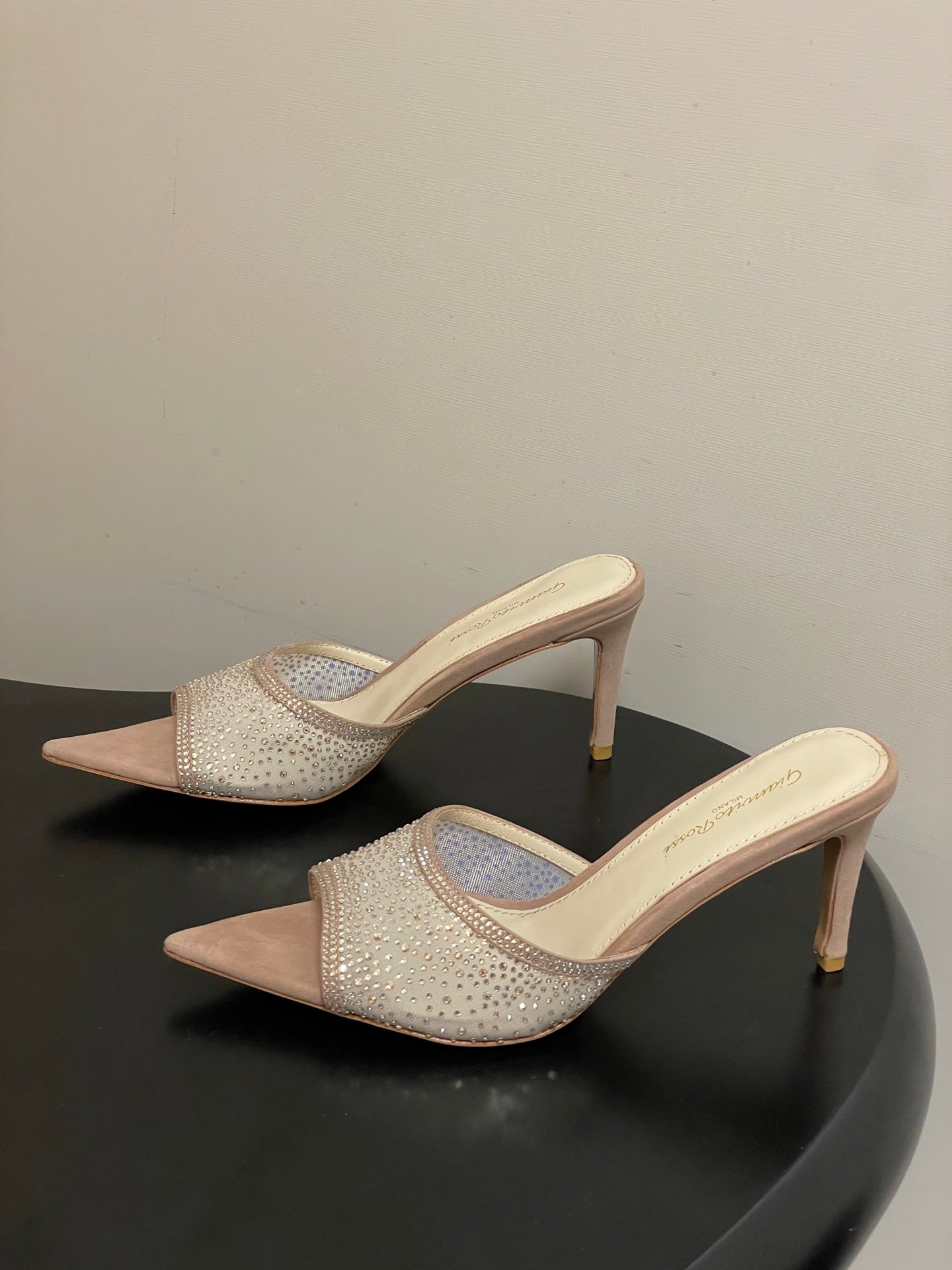 GIANVITO ROSSI 26S HIGH HEELS 85 MM IN NUDE BEIGE SUEDE WITH RHINESTONE STRAP