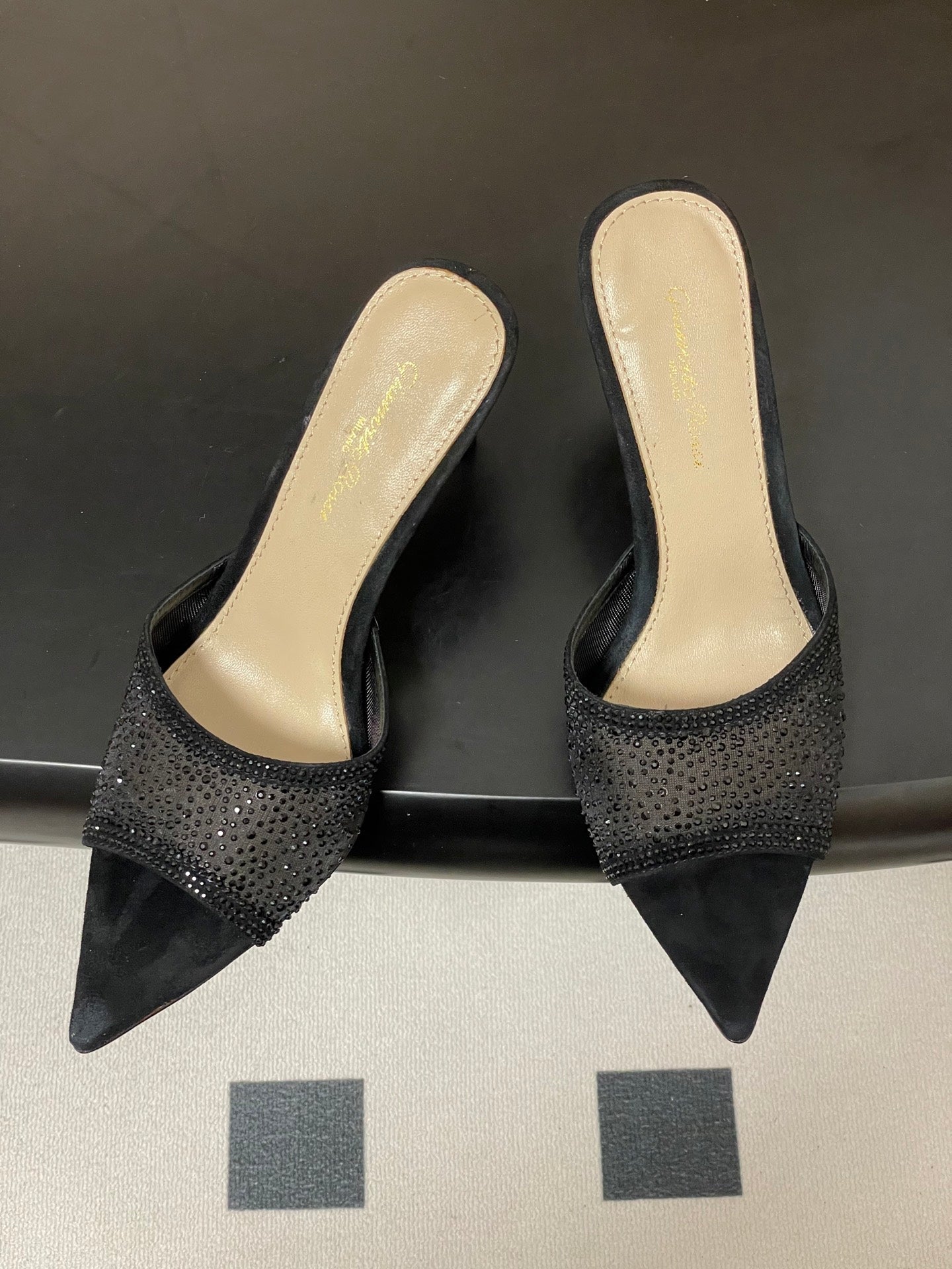 GIANVITO ROSSI 26S HIGH HEELS 85 MM IN BLACK SUEDE WITH RHINESTONE STRAP