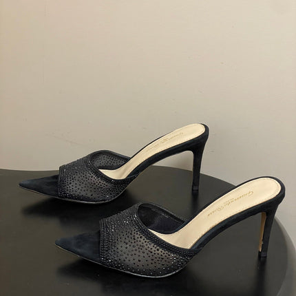 GIANVITO ROSSI 26S HIGH HEELS 85 MM IN BLACK SUEDE WITH RHINESTONE STRAP