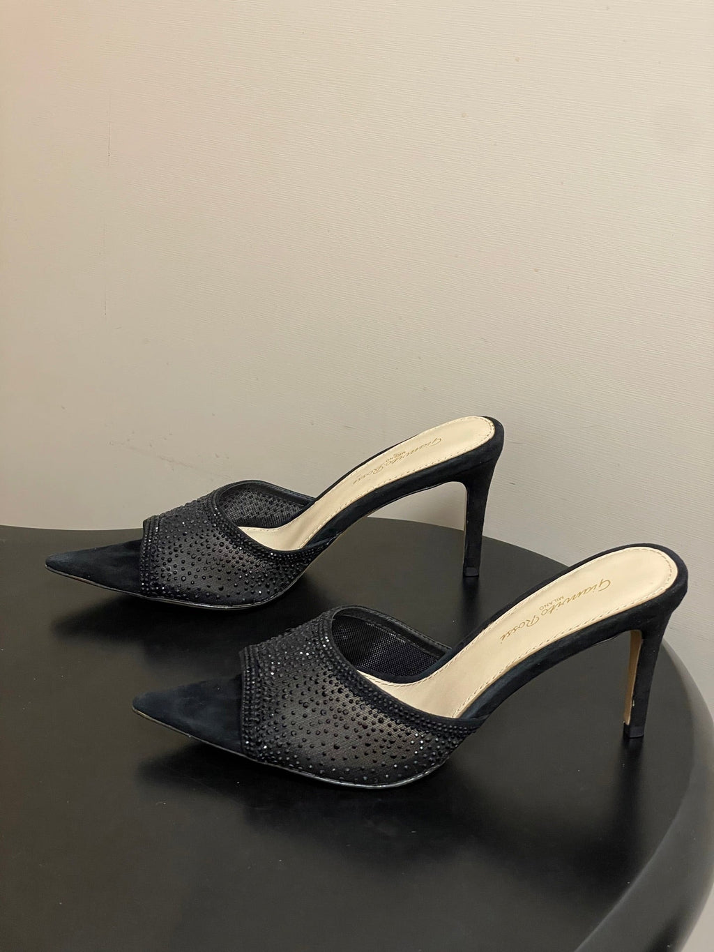 GIANVITO ROSSI 26S HIGH HEELS 85 MM IN BLACK SUEDE WITH RHINESTONE STRAP