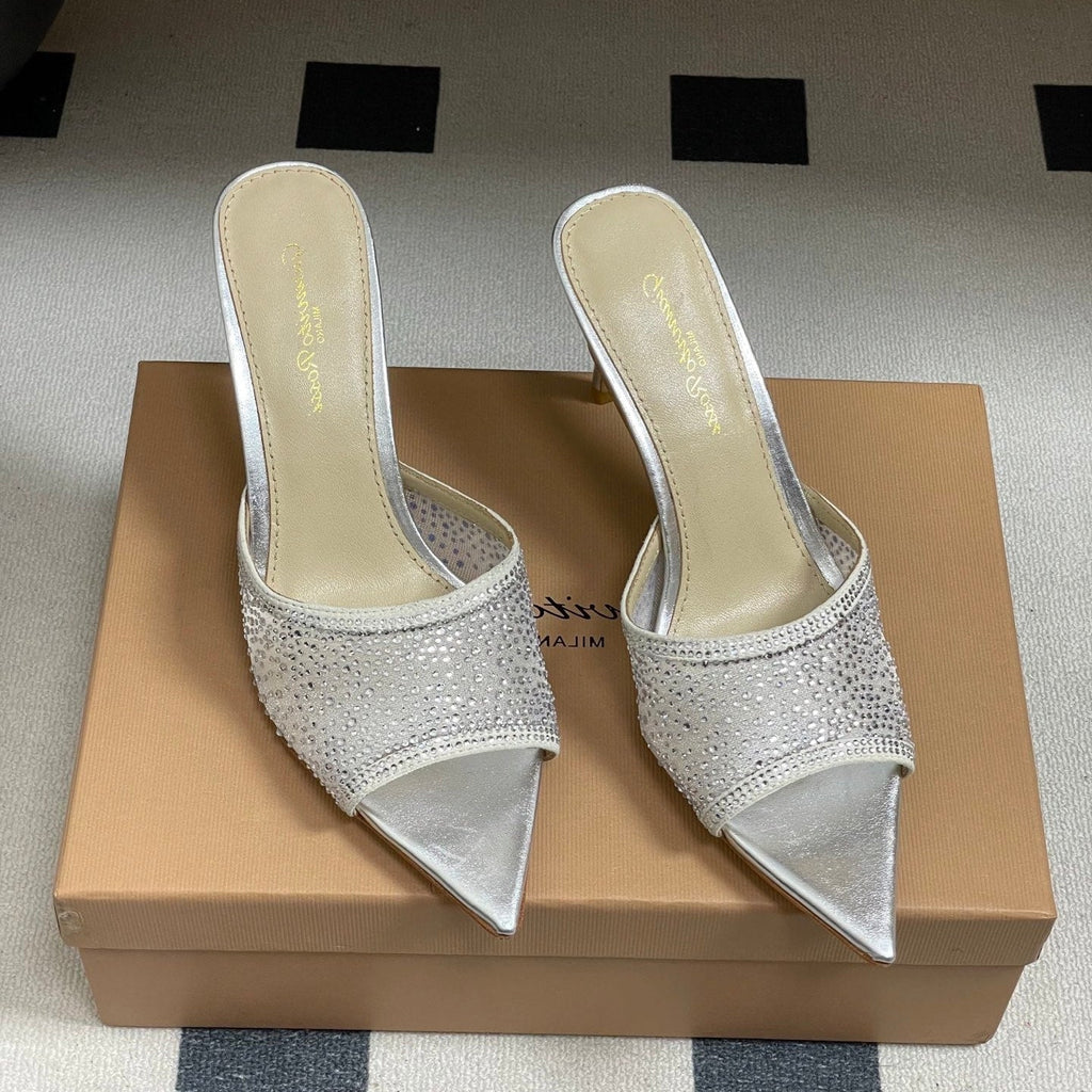 GIANVITO ROSSI 26S HIGH HEELS 85 MM IN SILVER LAMBSKIN WITH RHINESTONE STRAP