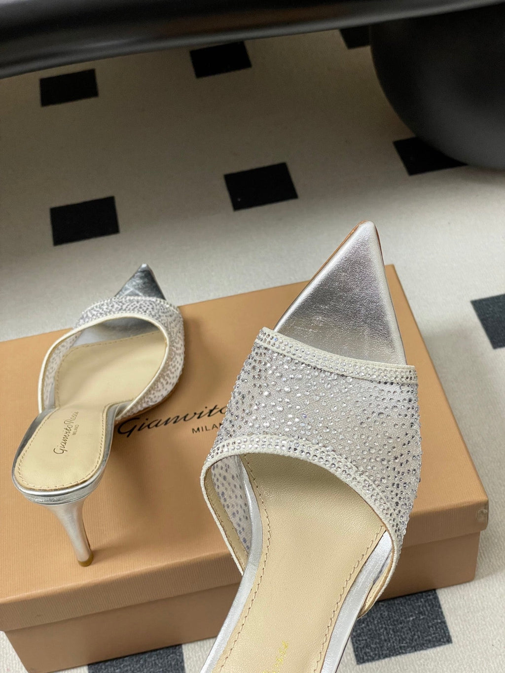 GIANVITO ROSSI 26S HIGH HEELS 85 MM IN SILVER LAMBSKIN WITH RHINESTONE STRAP