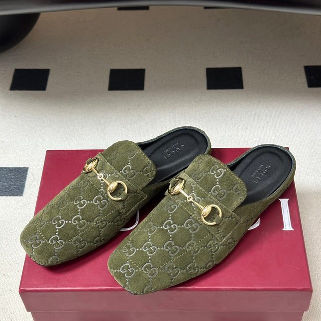 GUCCI 26S HORSEBIT LOAFER MULES IN MOSS GREEN SUEDE