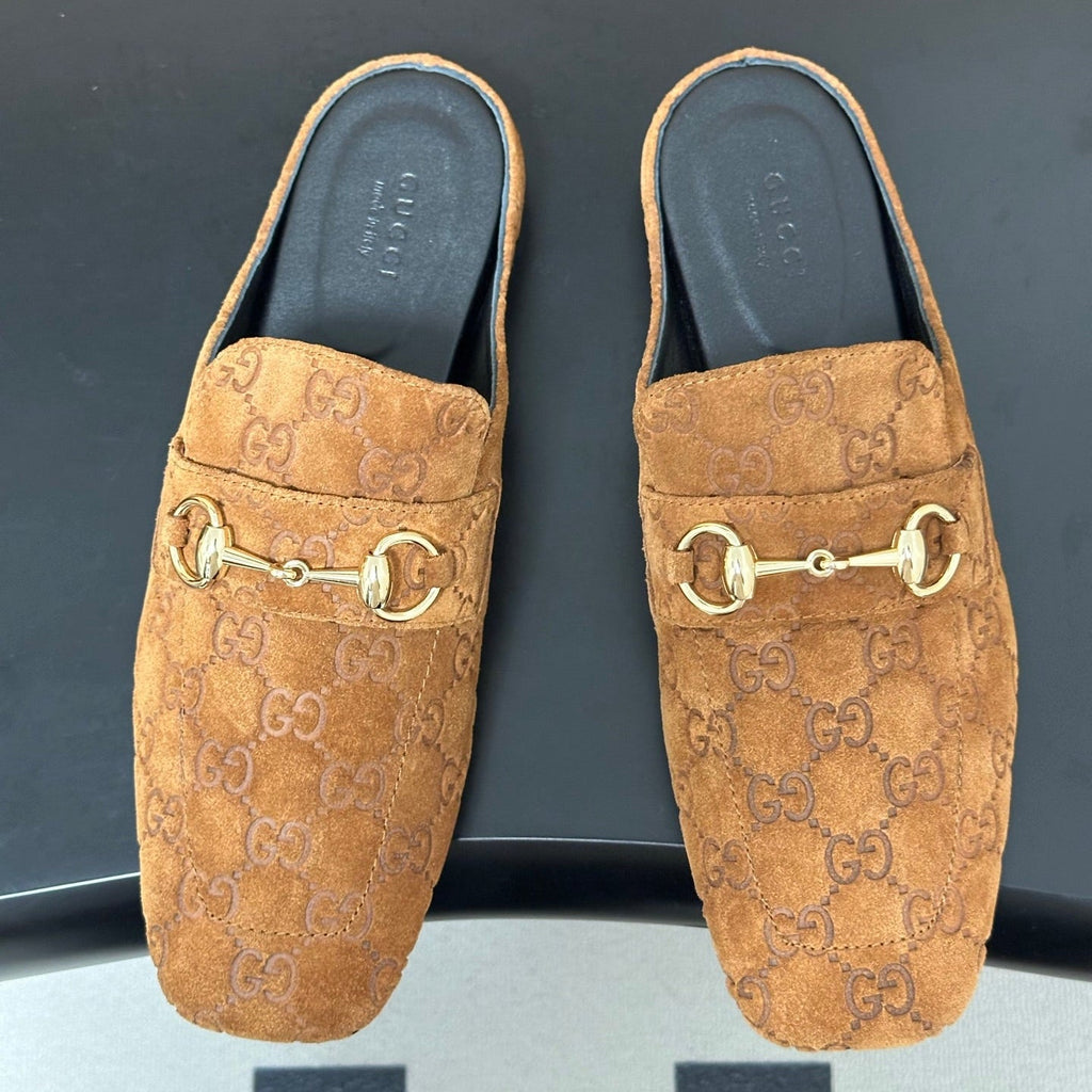 GUCCI 26S HORSEBIT LOAFER MULES IN MEDIUM BROWN SUEDE
