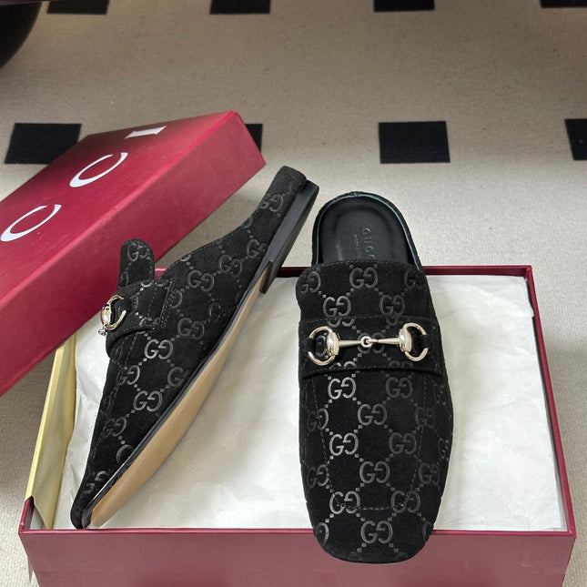 GUCCI 26S HORSEBIT LOAFER MULES IN BLACK SUEDE