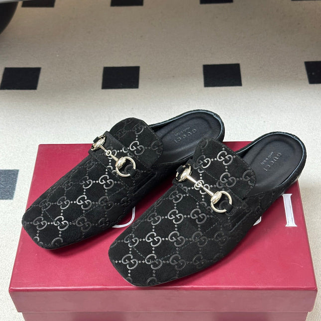 GUCCI 26S HORSEBIT LOAFER MULES IN BLACK SUEDE