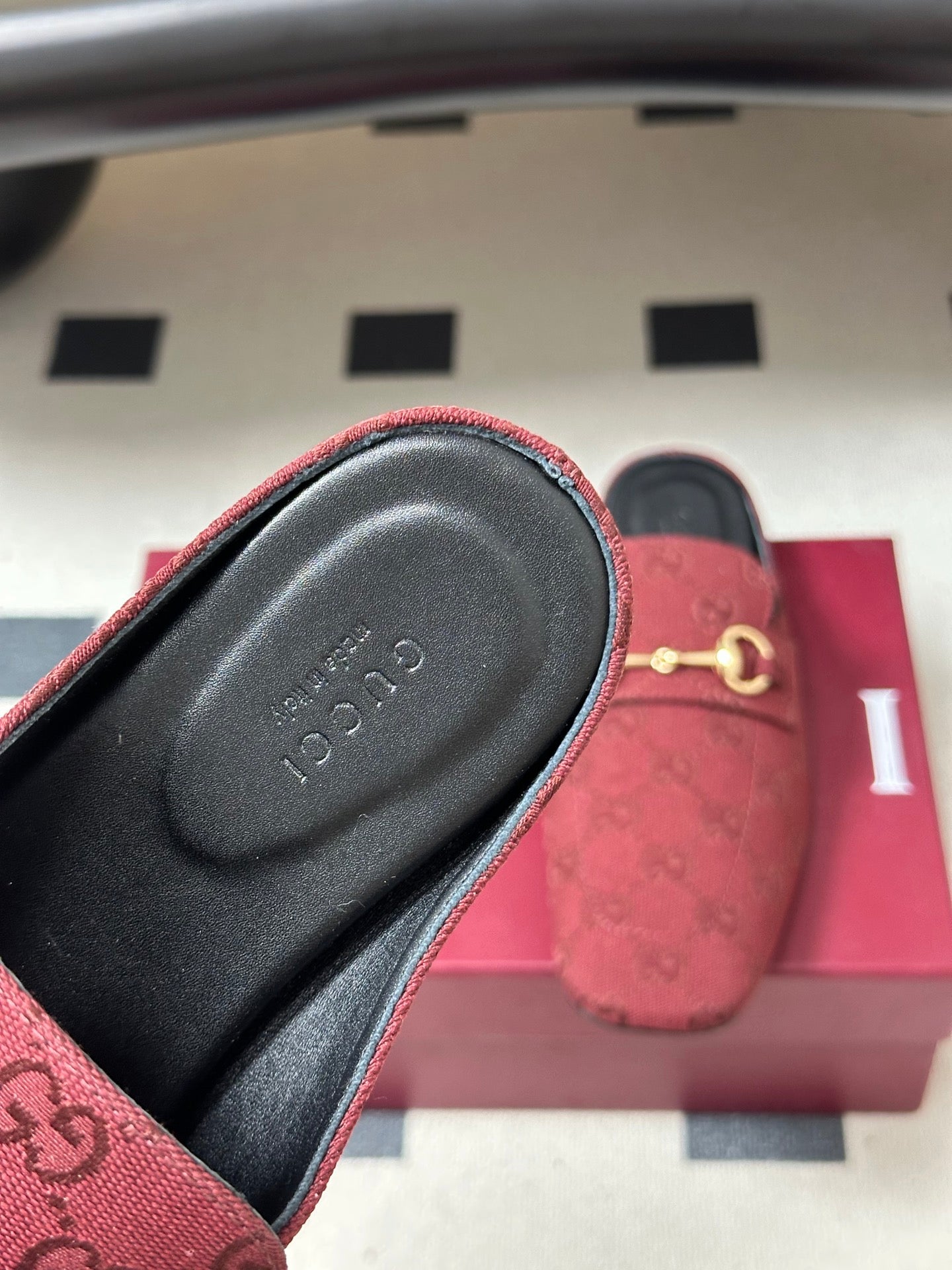 GUCCI 26S HORSEBIT LOAFER MULES IN RED CANVAS