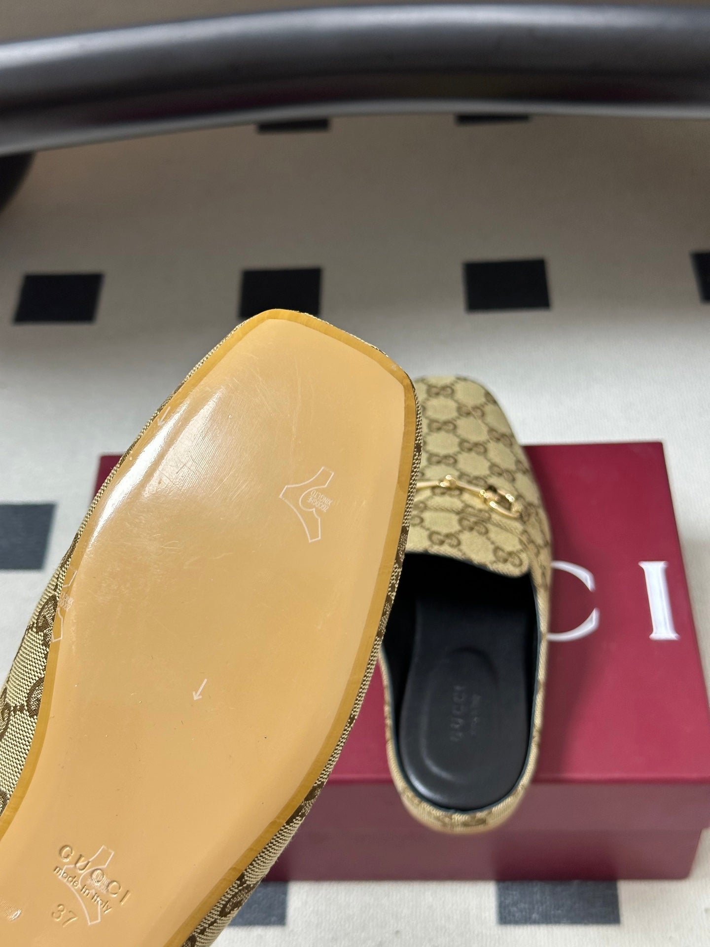 GUCCI 26S HORSEBIT LOAFER MULES IN BEIGE CANVAS