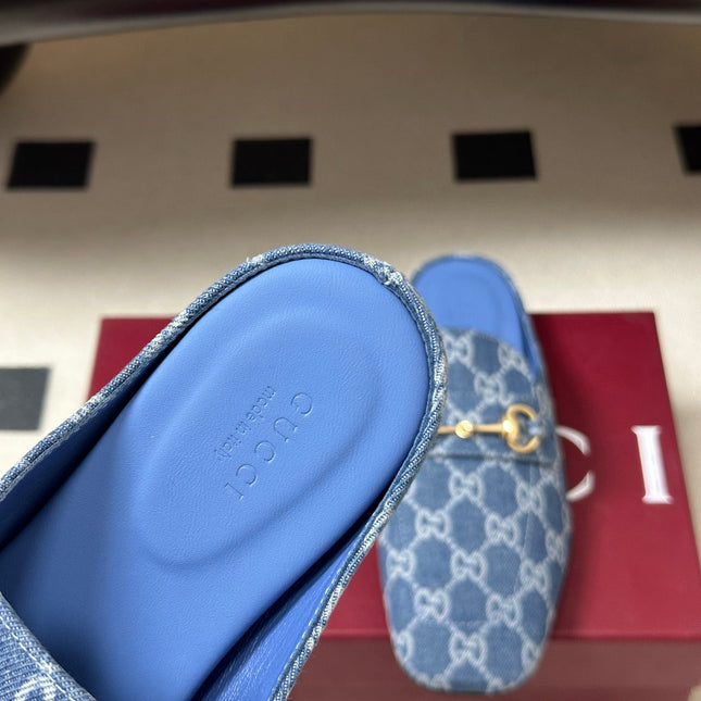 GUCCI 26S HORSEBIT LOAFER MULES IN BLUE DENIM