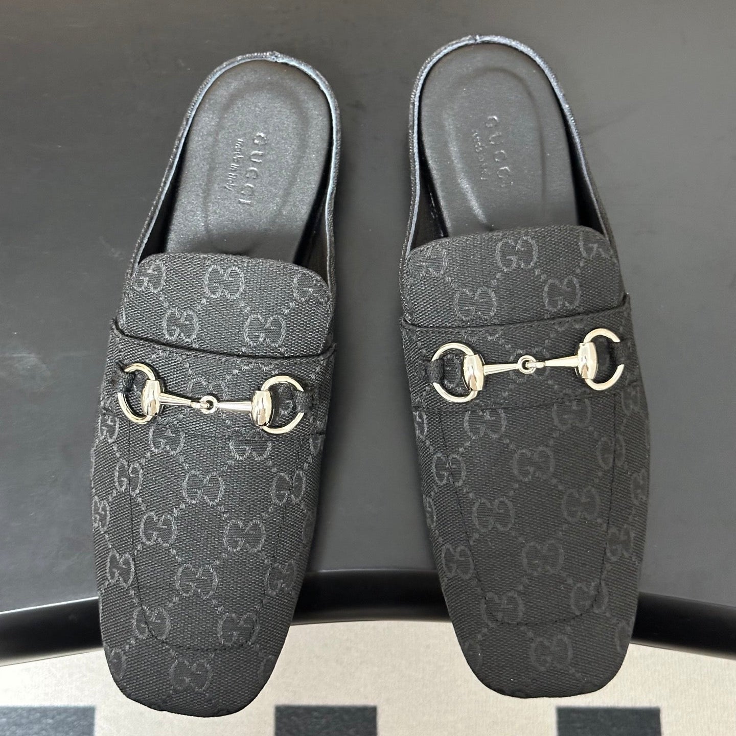 GUCCI 26S HORSEBIT LOAFER MULES IN BLACK CANVAS