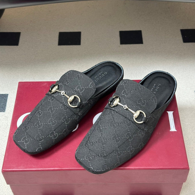 GUCCI 26S HORSEBIT LOAFER MULES IN BLACK CANVAS
