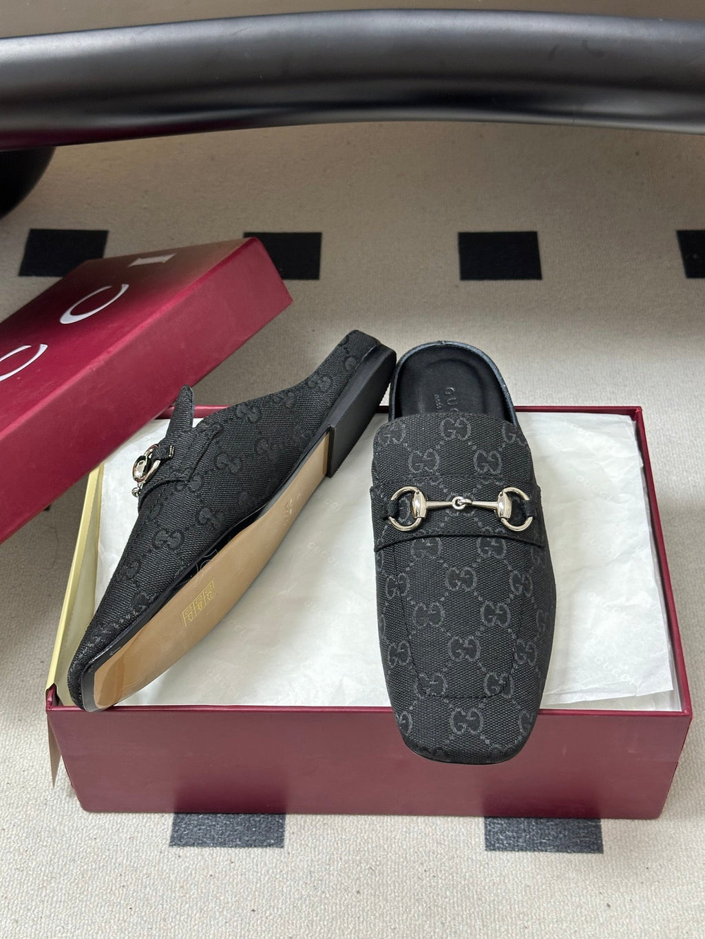 GUCCI 26S HORSEBIT LOAFER MULES IN BLACK CANVAS