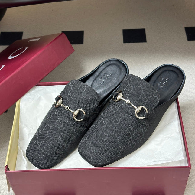 GUCCI 26S HORSEBIT LOAFER MULES IN BLACK CANVAS