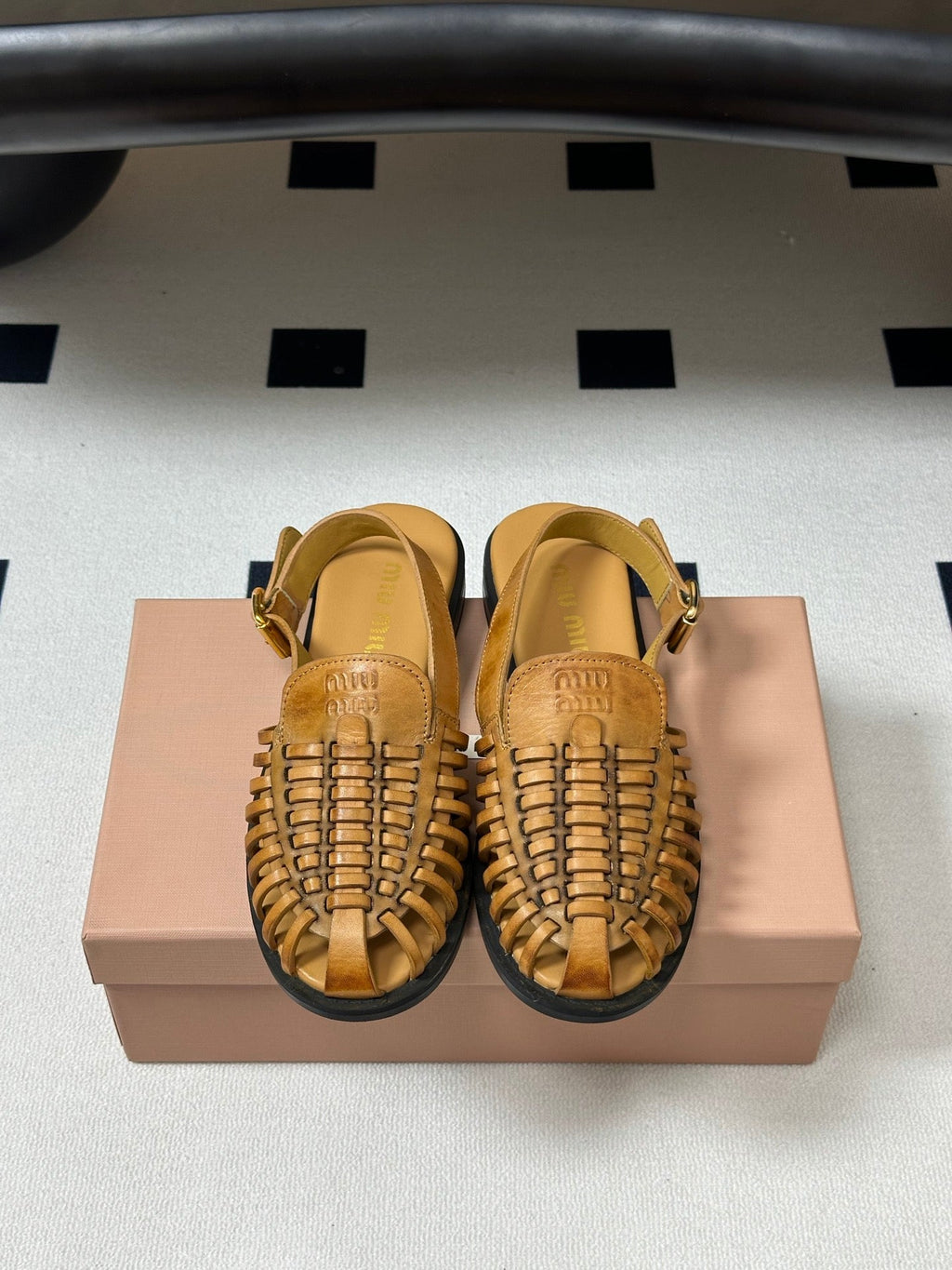 MIUMIU 26S SLINGBACK FISHERMAN SANDALS IN GOLD BROWN CALFSKIN