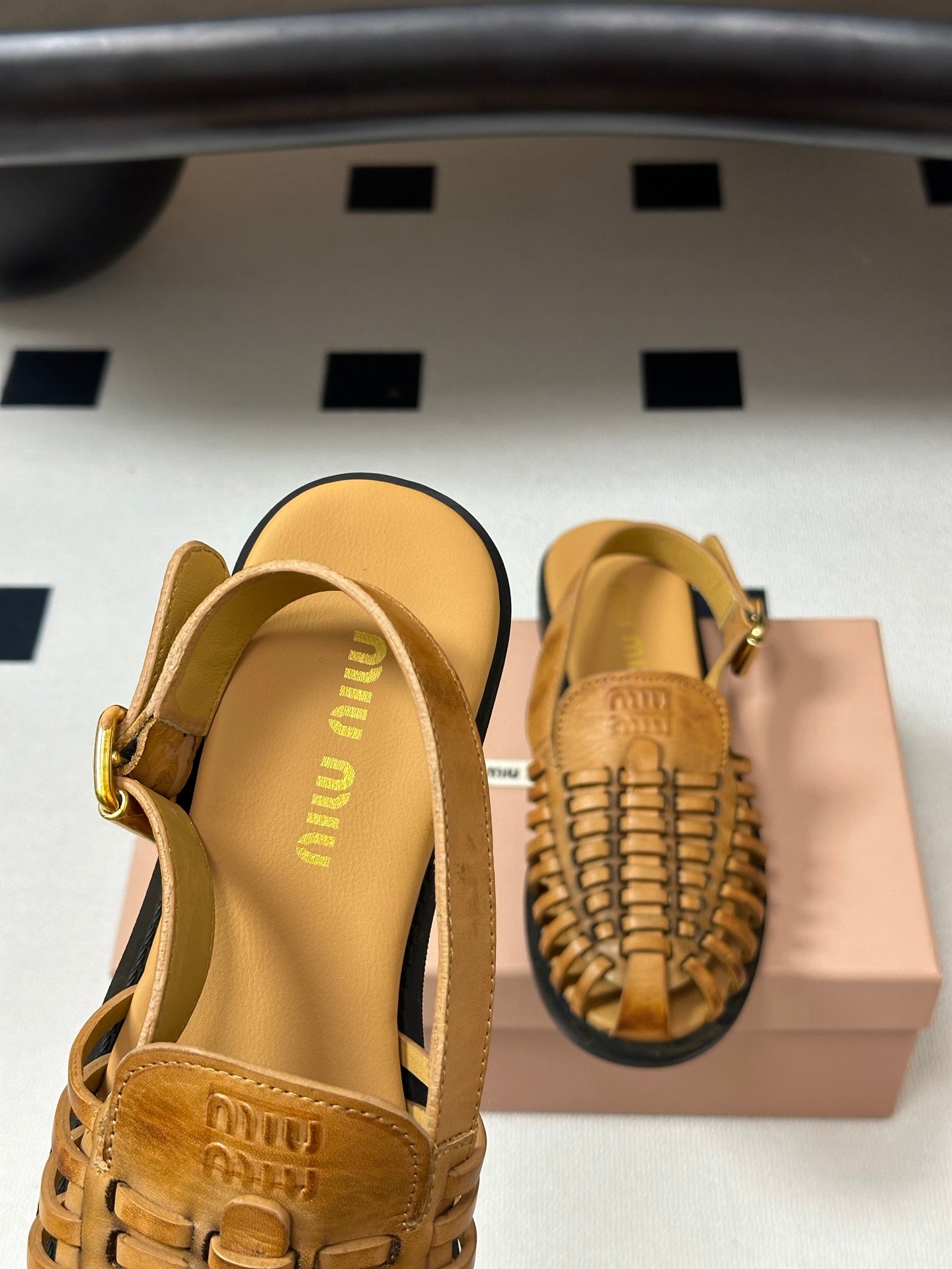 MIUMIU 26S SLINGBACK FISHERMAN SANDALS IN GOLD BROWN CALFSKIN