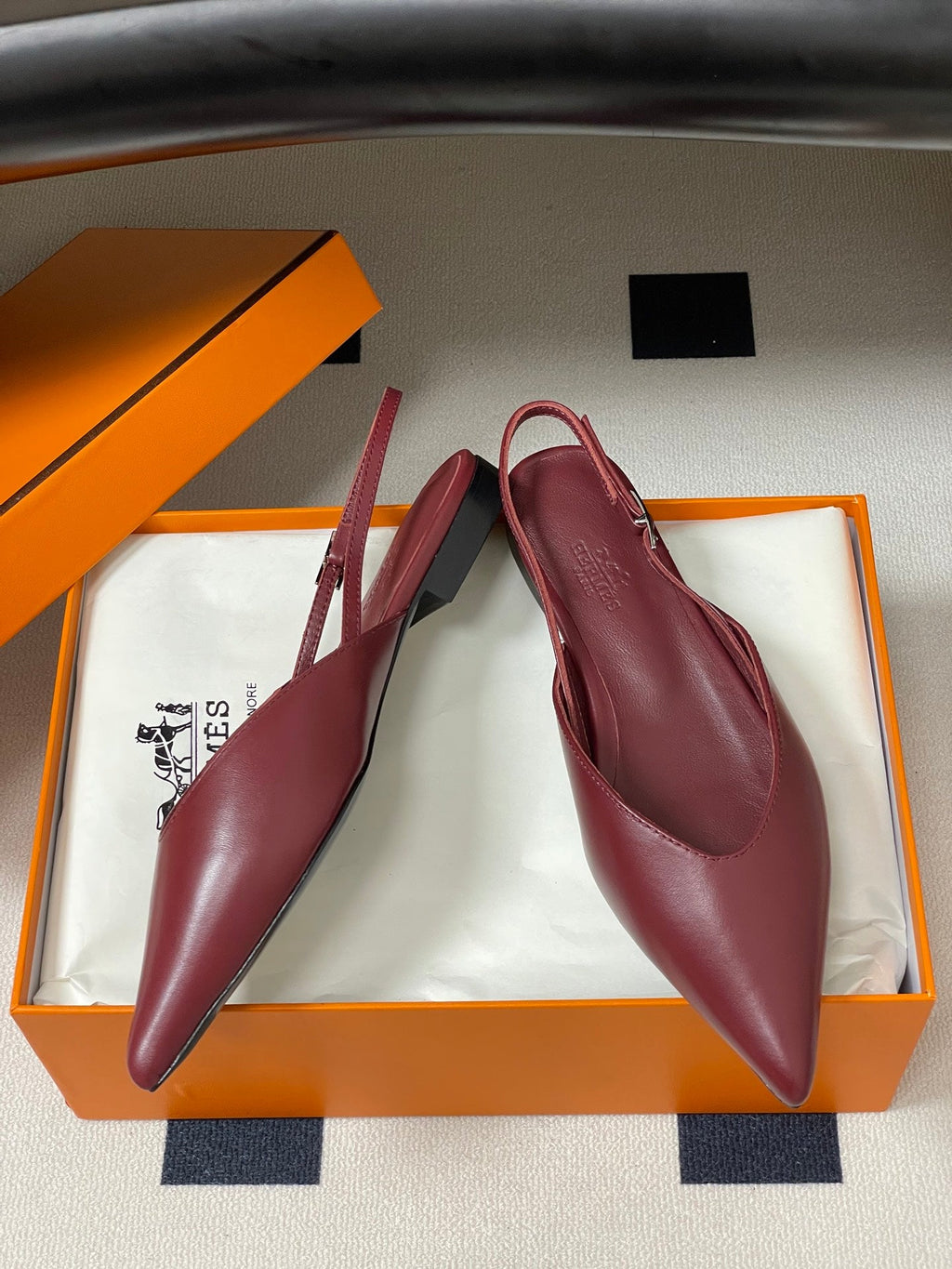 HM 26S NICOLE SLINGBACK IN BURGUNDY RED CALFSKIN SILVER HARDWARE