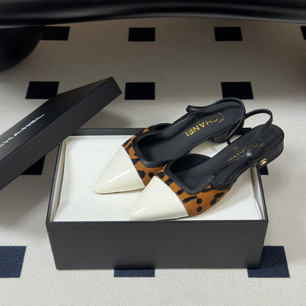 CHANEL 26S POINTED TOE SLINGBACKS IN BROWN PONY HAIR AND WHITE LAMBSKIN