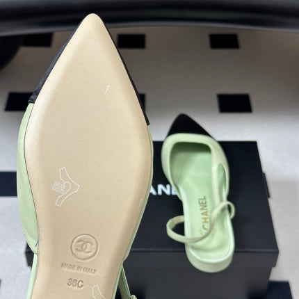 CHANEL 26S POINTED TOE SLINGBACKS IN PASTEL GREEN LAMBSKIN AND BLACK FABRIC