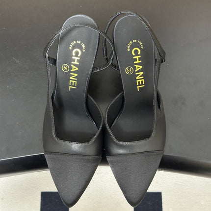 CHANEL 26S POINTED TOE HIGH HEEL SLINGBACKS 85 MM IN BLACK LAMBSKIN AND FABRIC