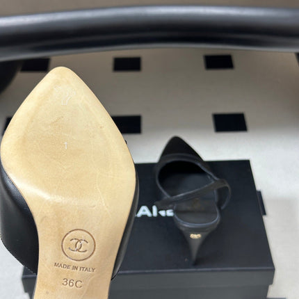 CHANEL 26S POINTED TOE HIGH HEEL SLINGBACKS 85 MM IN BLACK LAMBSKIN AND FABRIC
