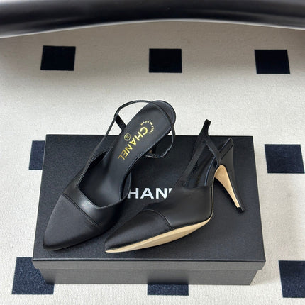 CHANEL 26S POINTED TOE HIGH HEEL SLINGBACKS 85 MM IN BLACK LAMBSKIN AND FABRIC