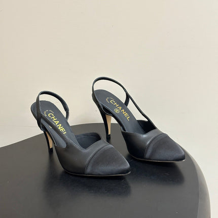 CHANEL 26S POINTED TOE HIGH HEEL SLINGBACKS 85 MM IN BLACK LAMBSKIN AND FABRIC