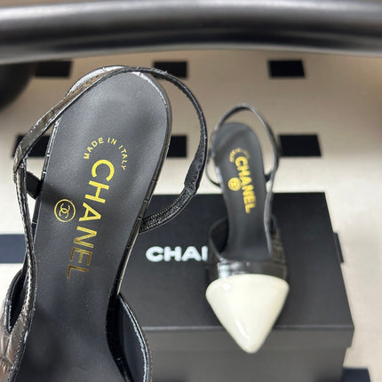 CHANEL 26S POINTED TOE HIGH HEEL SLINGBACKS 85 MM IN IN WHITE LAMBSKIN AND BLACK FABRIC