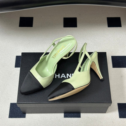 CHANEL 26S POINTED TOE HIGH HEEL SLINGBACKS 85 MM IN PASTEL GREEN LAMBSKIN WITH BLACK TOE