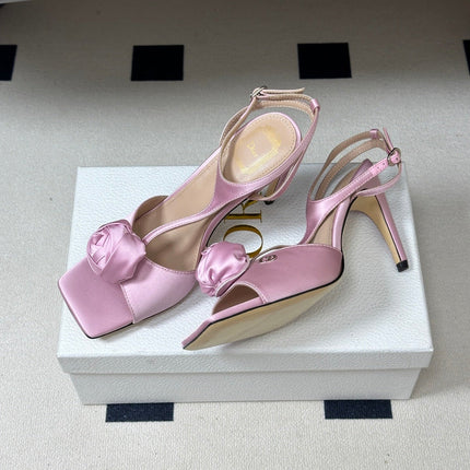 DIOR 26S ROSE HEELED SANDALS 85MM IN PINK SATIN