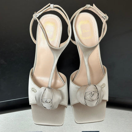 DIOR 26S ROSE HEELED SANDALS 85MM IN LIGHT GREY SATIN