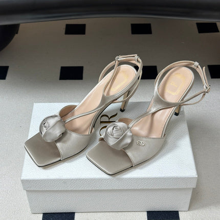 DIOR 26S ROSE HEELED SANDALS 85MM IN LIGHT GREY SATIN