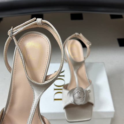 DIOR 26S ROSE HEELED SANDALS 85MM IN LIGHT GREY SATIN