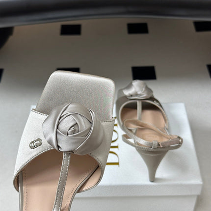 DIOR 26S ROSE HEELED SANDALS 85MM IN LIGHT GREY SATIN