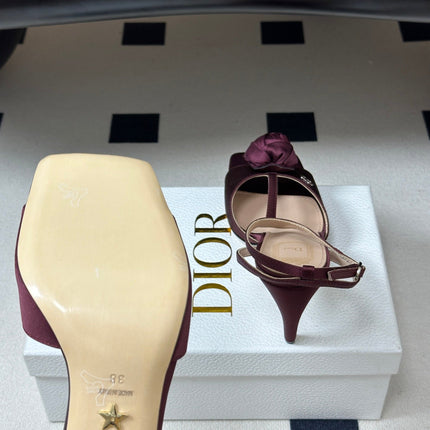DIOR 26S ROSE HEELED SANDALS 85MM IN BURGUNDY RED SATIN