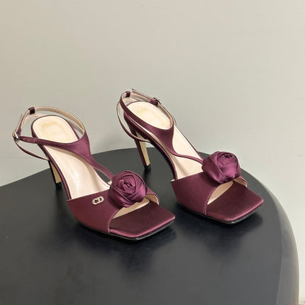 DIOR 26S ROSE HEELED SANDALS 85MM IN BURGUNDY RED SATIN