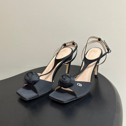 DIOR 26S ROSE HEELED SANDALS 85MM IN BLACK SATIN
