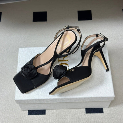 DIOR 26S ROSE HEELED SANDALS 85MM IN BLACK SATIN