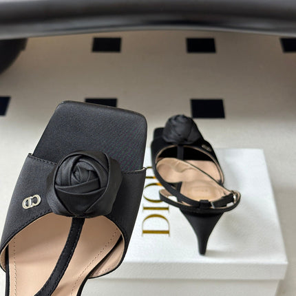 DIOR 26S ROSE HEELED SANDALS 85MM IN BLACK SATIN