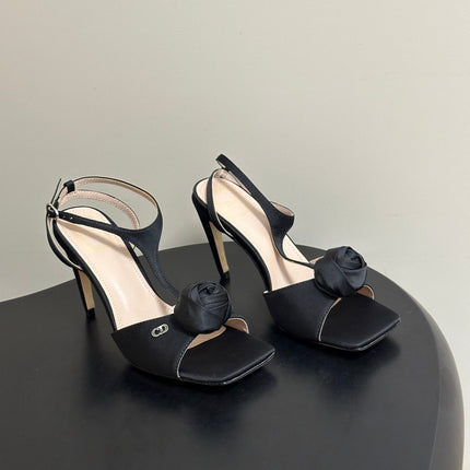 DIOR 26S ROSE HEELED SANDALS 85MM IN BLACK SATIN