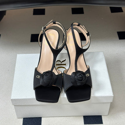 DIOR 26S ROSE HEELED SANDALS 85MM IN BLACK SATIN