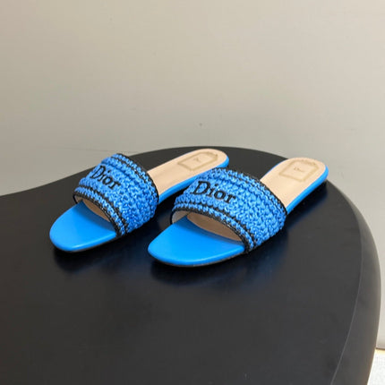 DIOR 26S FLAT SLIDE SANDALS IN BLUE RAFFIA