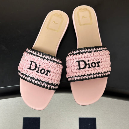 DIOR 26S FLAT SLIDE SANDALS IN PINK RAFFIA